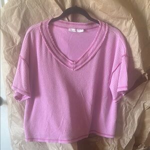 Pink V-Neck Ribbed Women's Top